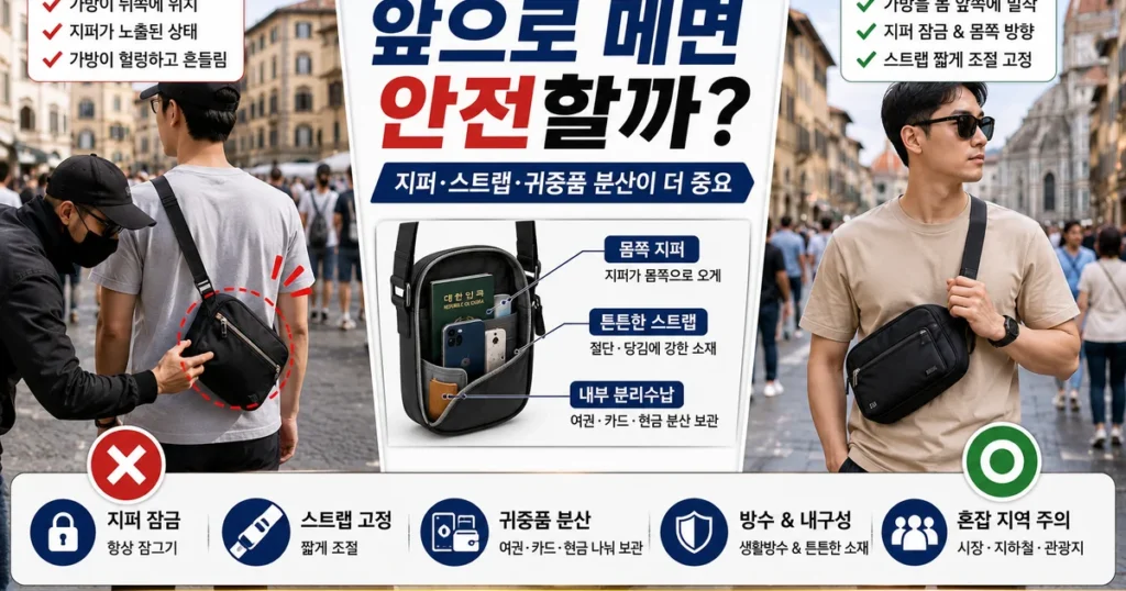 여행용 크로스백 해외여행 도난방지 가방 앞으로 메기 지퍼 스트랩 소매치기 예방