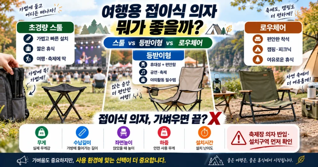 여행용 접이식 의자 초경량 스툴 등받이형 로우체어 휴대성과 사용환경 비교