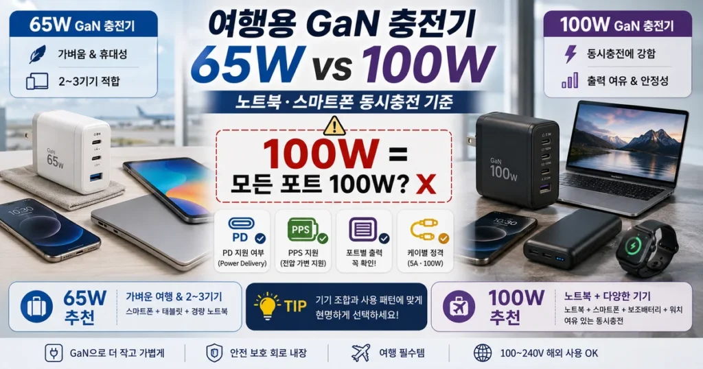 여행용 충전기 65W와 100W GaN 멀티포트 충전기의 출력분배 비교