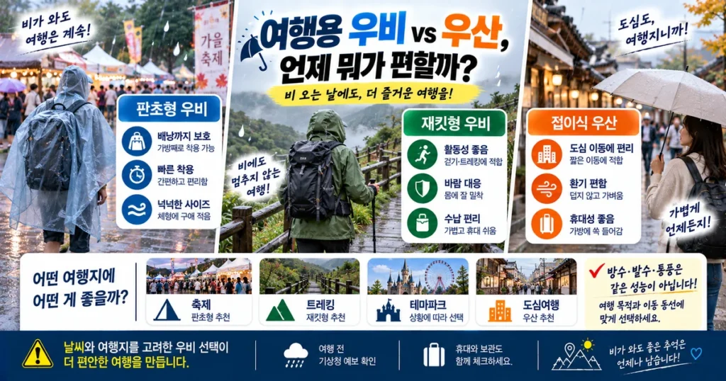여행용 우비 판초형과 재킷형 및 우산 상황별 비교