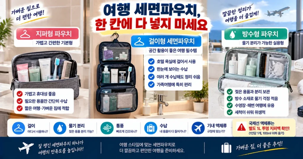 걸이형 방수형 일반 지퍼형 여행용 세면파우치 선택 기준 비교