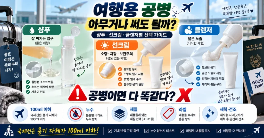 여행용 공병 샴푸 선크림 클렌저 100ml 기내용 화장품 용기 누수 세척 비교