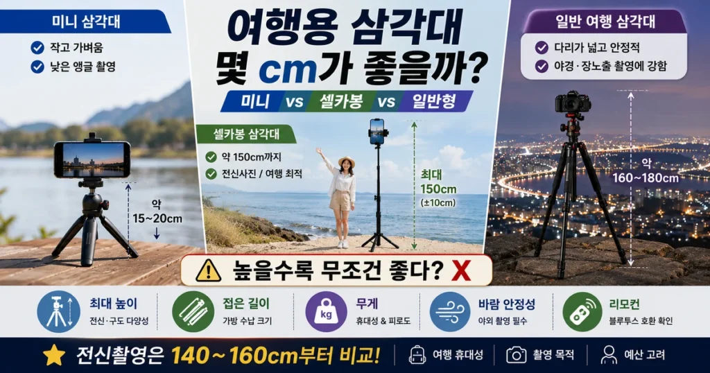 여행용 삼각대 높이 스마트폰 삼각대 셀카봉 삼각대 야경 촬영 기내반입 비교