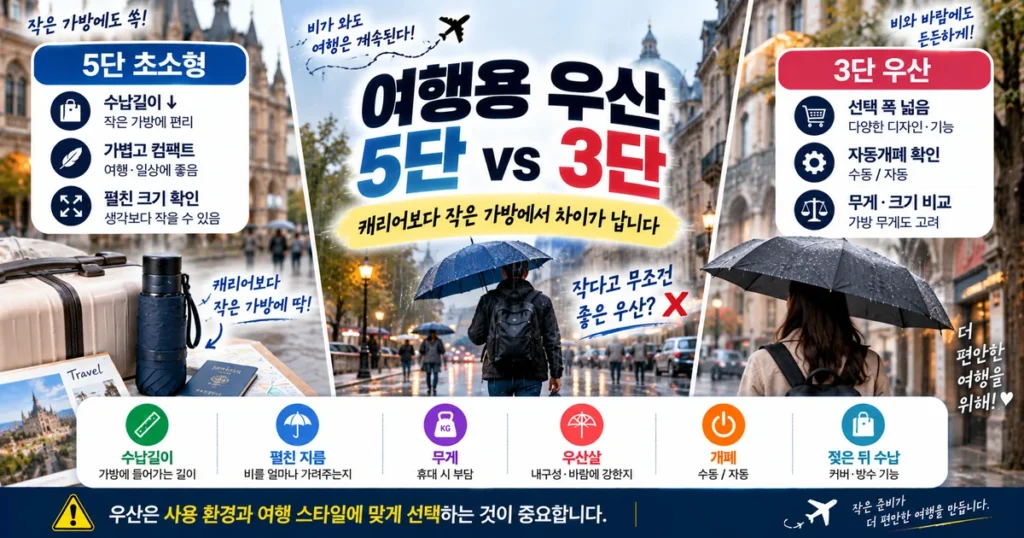 여행용 우산 5단과 3단의 수납 크기 펼친 크기 무게 사용환경 비교