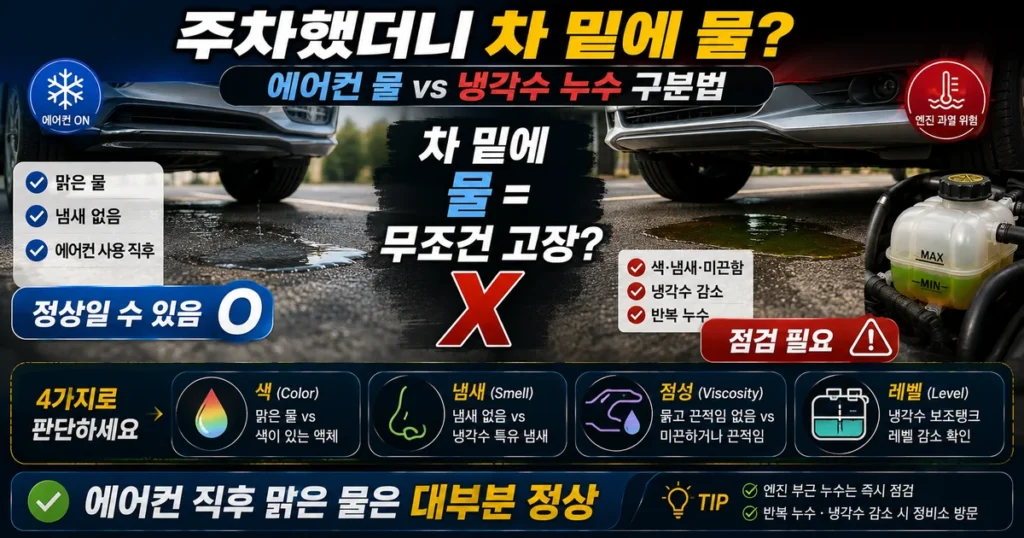 주차 후 차 밑 액체 에어컨 응축수 엔진오일 냉각수 구분법