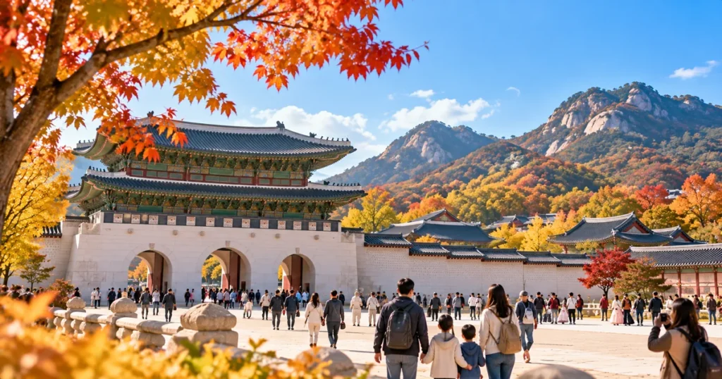 2026년 한글날 정상 개방하는 서울 경복궁을 방문하는 관광객과 가을 궁궐 전경