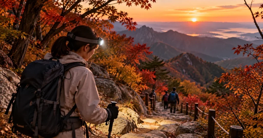가을 산행에서 헤드랜턴으로 하산길을 비추며 밝기와 지속시간을 확인하는 모습