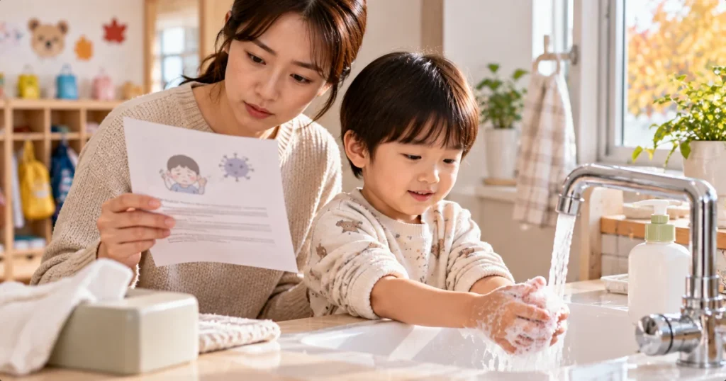 어린이집 노로바이러스 발생 안내 후 부모가 아이의 증상을 살피고 손씻기를 돕는 모습