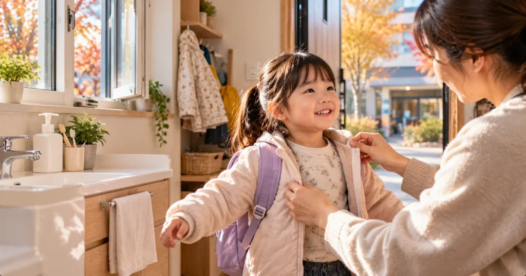 기온이 떨어진 가을 아침 아이에게 겹옷을 입혀 등원을 준비하는 모습