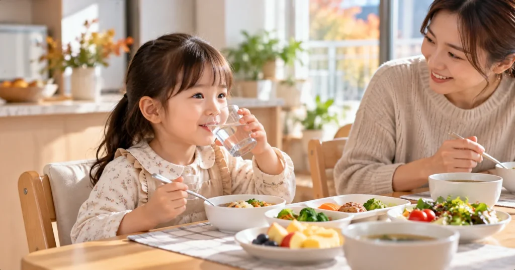 식사 중 작은 컵으로 물을 마시는 아이와 식사 모습을 살펴보는 보호자