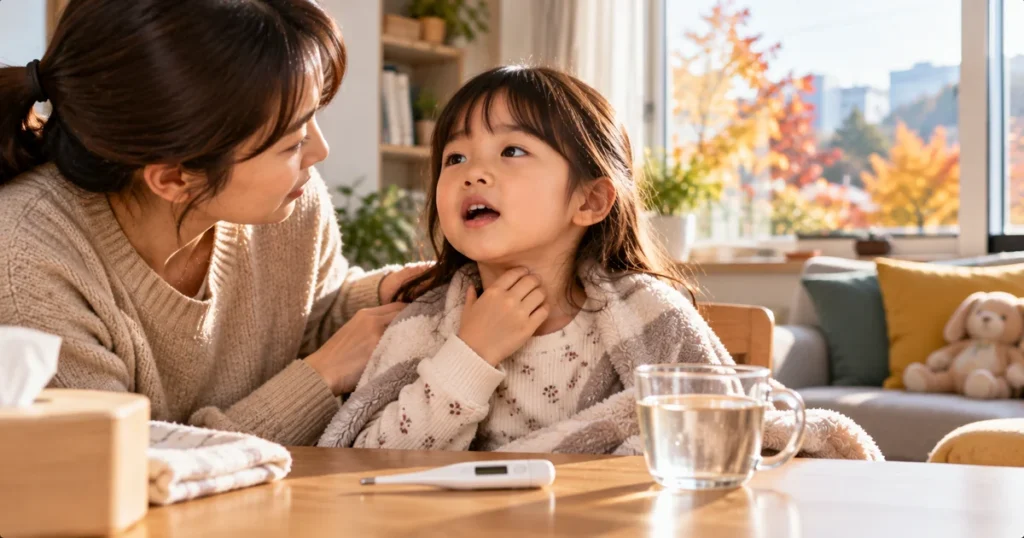 목소리가 쉰 아이의 호흡과 목 상태를 살피는 보호자