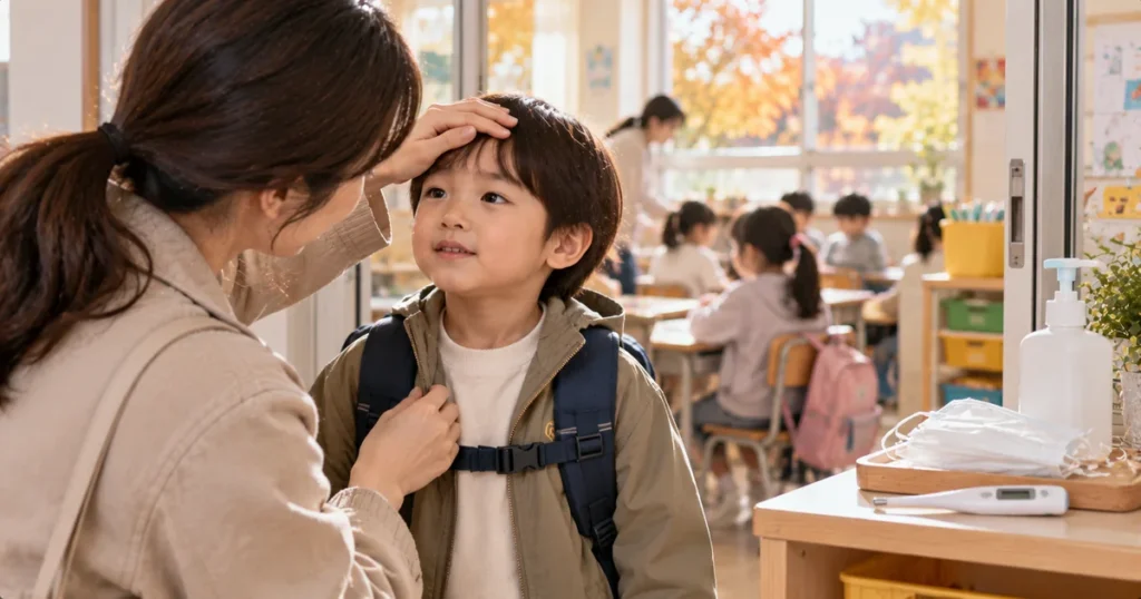반 친구 독감 발생 후 부모가 아이의 발열과 호흡기 증상을 확인하는 모습