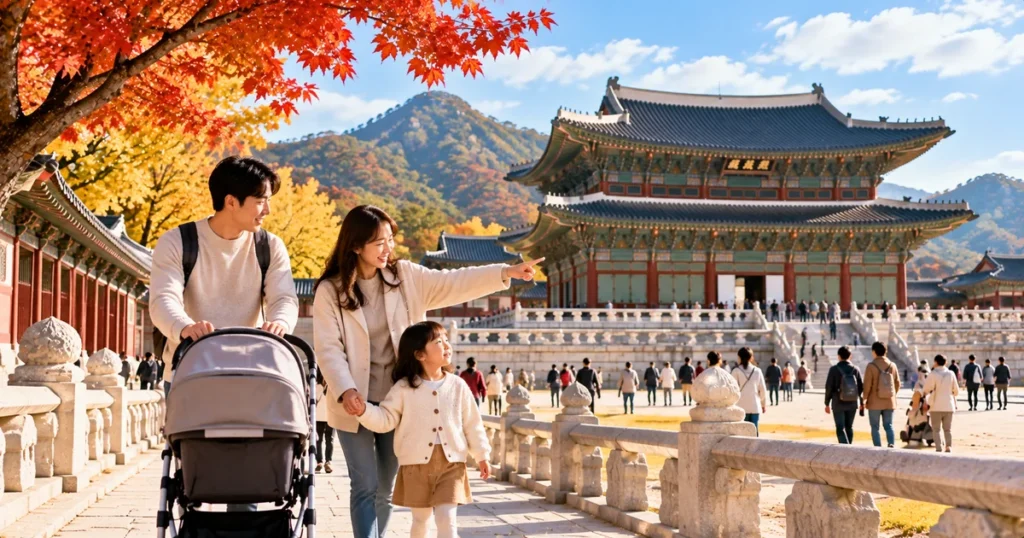 아이와 함께 경복궁을 방문한 가족이 유모차를 이용해 궁궐 관람 동선을 따라 걷는 모습