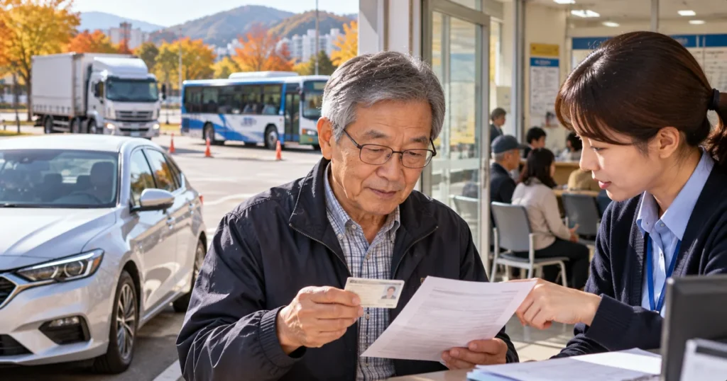 65세 이상 운전자가 일반 운전면허 적성검사와 사업용 자격유지검사 기준을 비교하는 모습